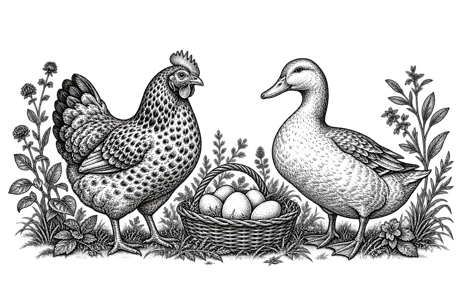 An ink illustration of a hen and duck beside a basket of eggs